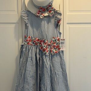 Blue & White Seersucker Floral Bow Dress with Hat